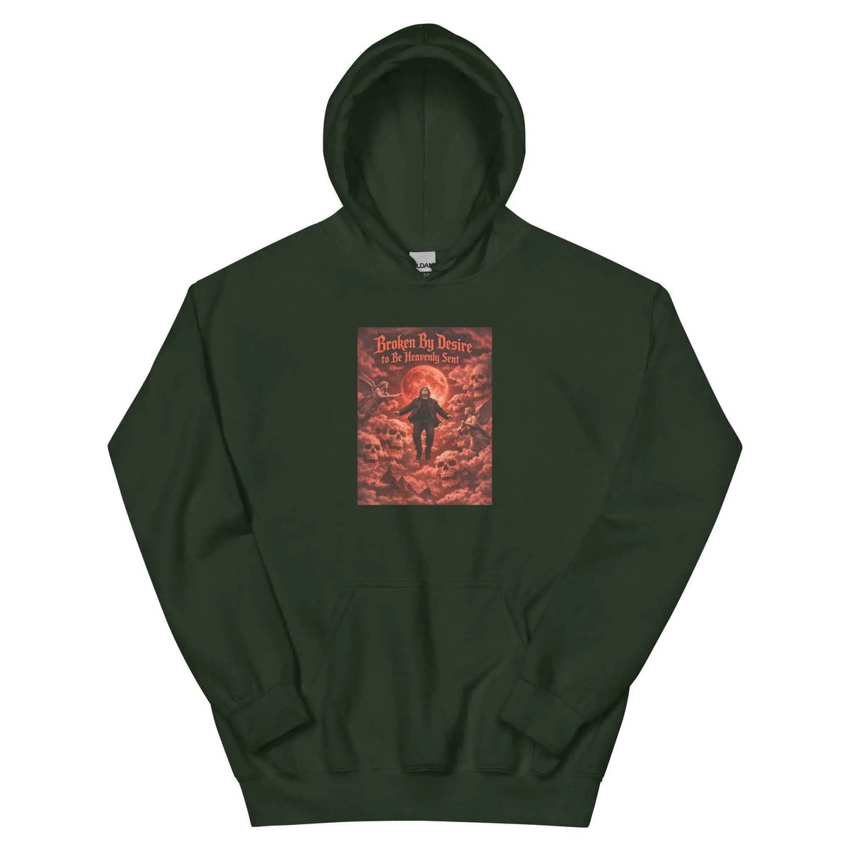 Forest green pullover hoodie with front graphic print and kangaroo pocket