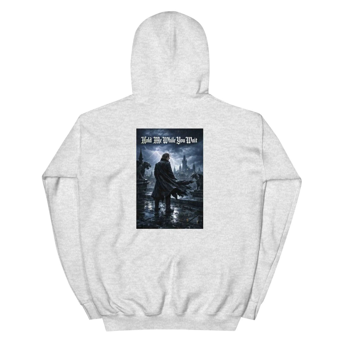 Light gray unisex hoodie with back graphic print and hood