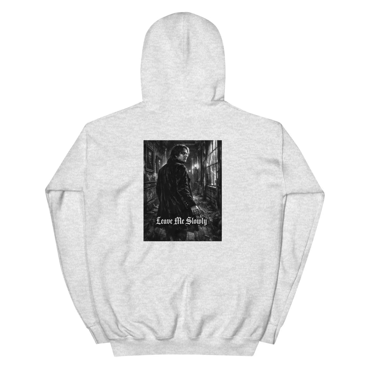 Light gray unisex hoodie with hood and kangaroo pocket, featuring a back graphic print.