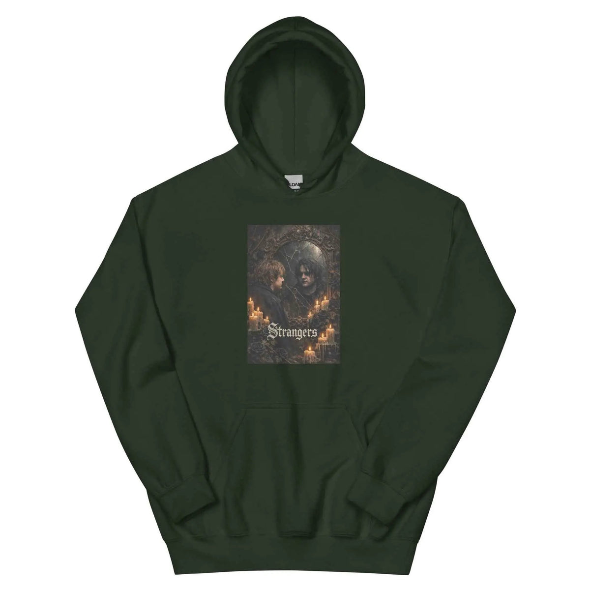 Forest green unisex gothic hoodie with front pocket; square candle portrait graphic