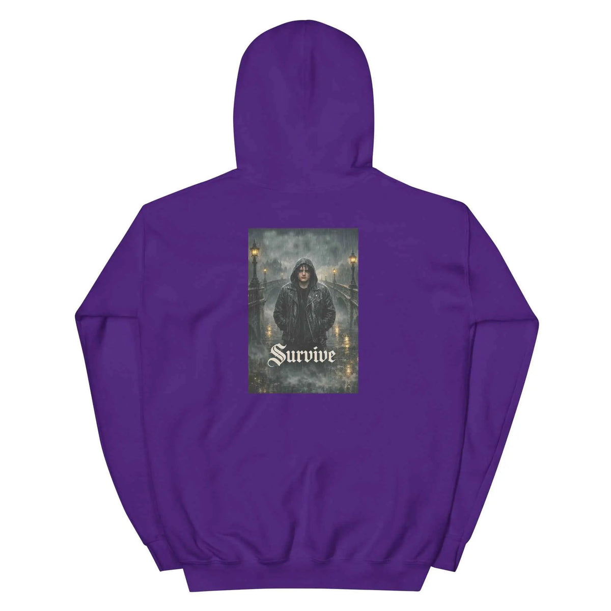 Purple unisex pullover hoodie with hood and back graphic print panel