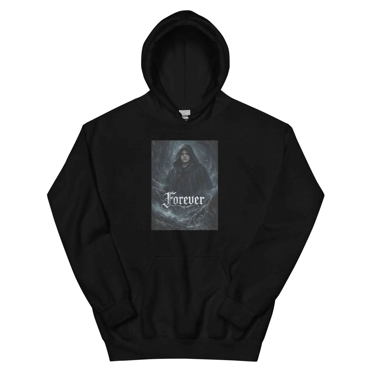 Black unisex pullover hoodie with front hood and kangaroo pocket, 'Forever' graphic