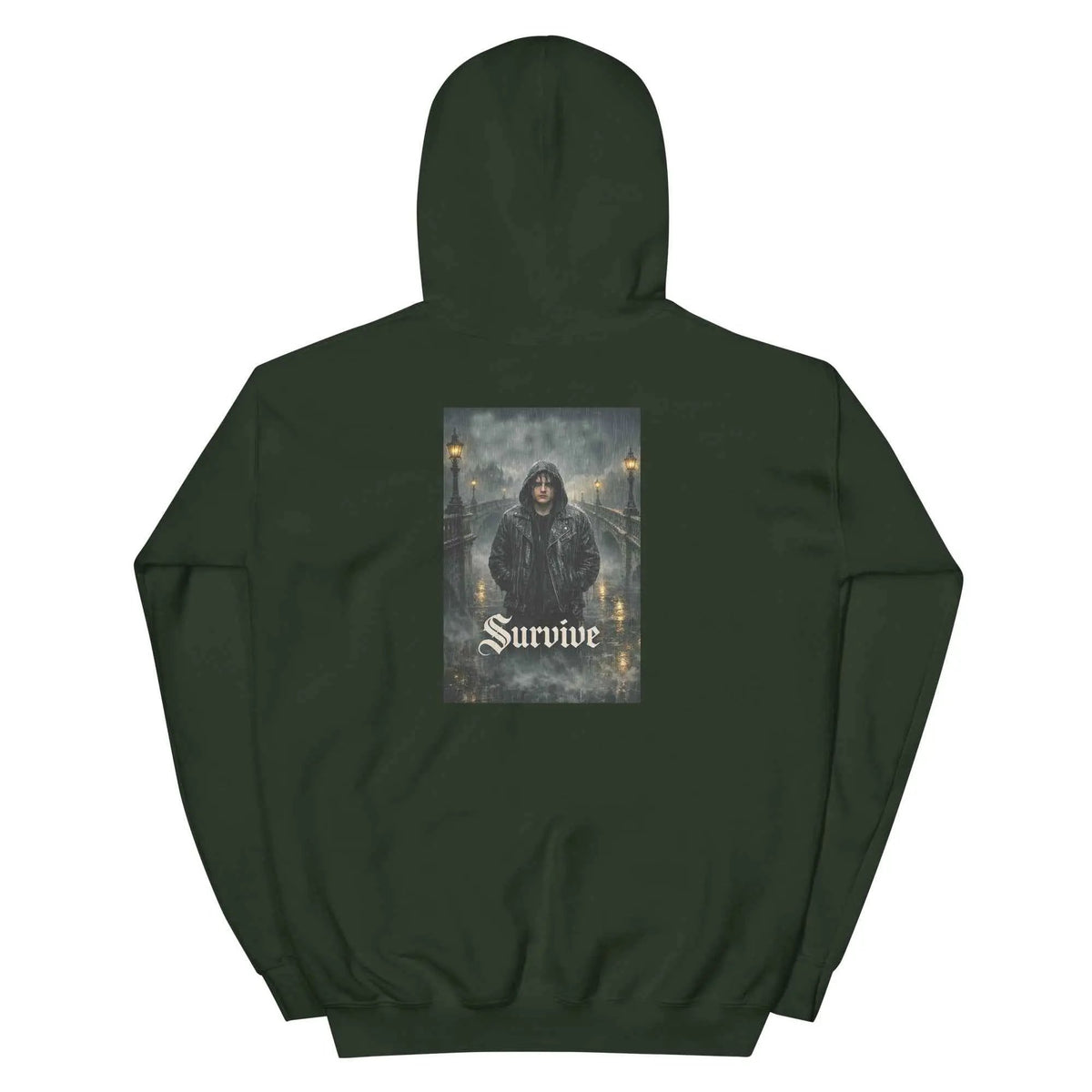 Forest green unisex hooded pullover sweatshirt with back 'Survive' gothic graphic