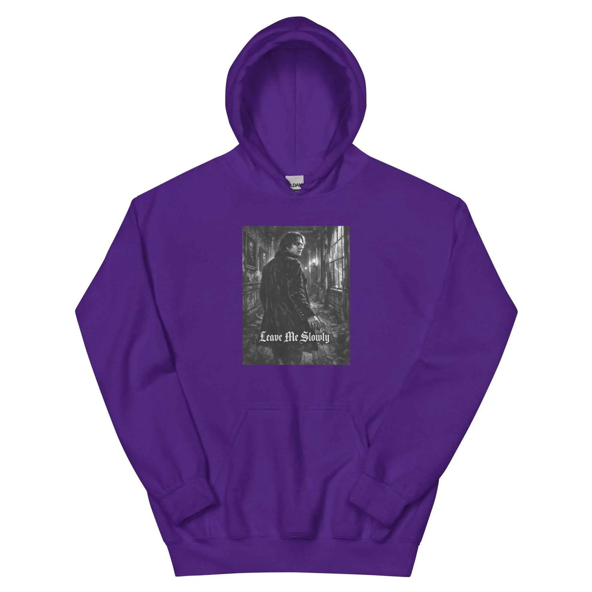 Purple unisex hoodie with hood and front pocket, featuring a front graphic print.