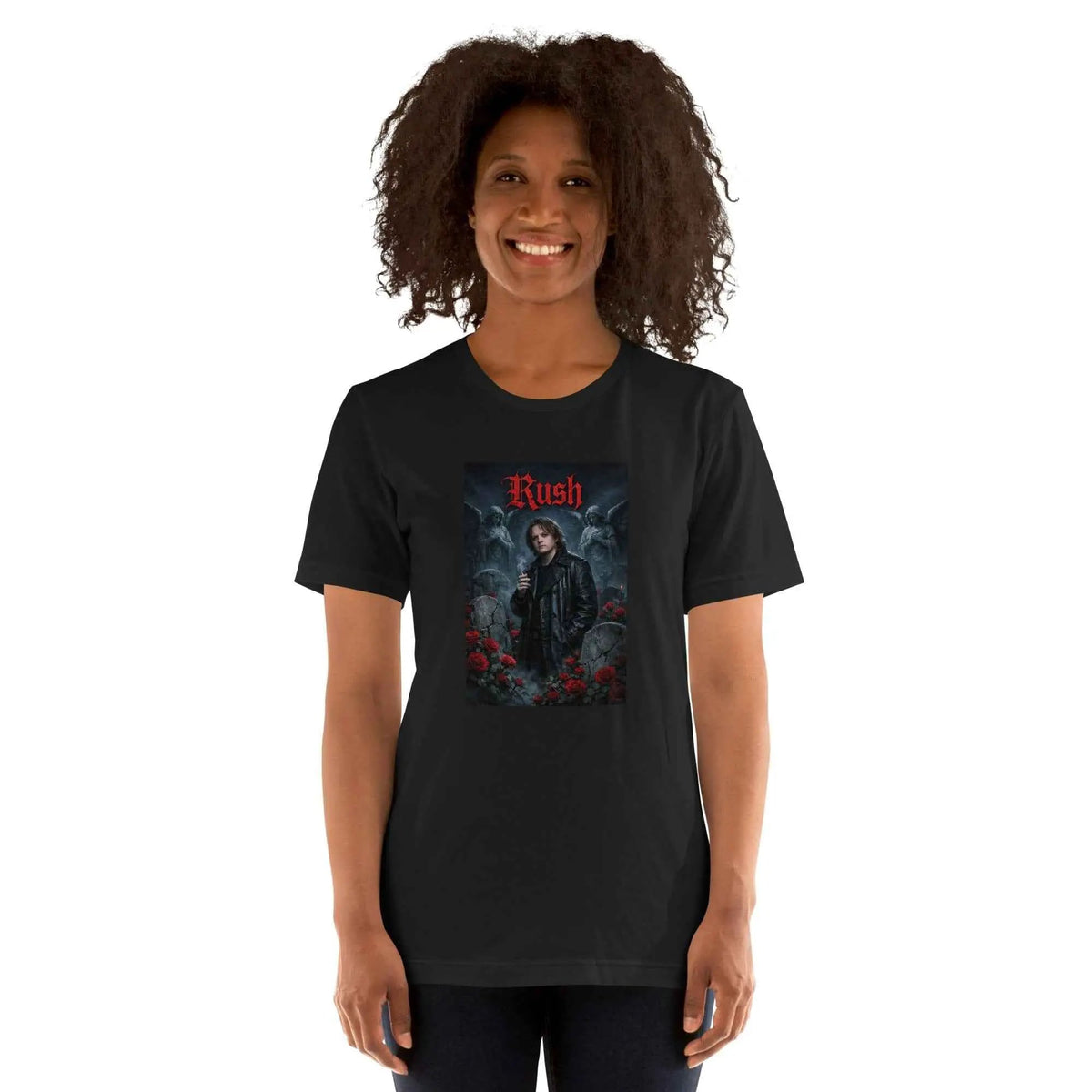 Black crew neck graphic T-shirt with front "Rush" character and red text.