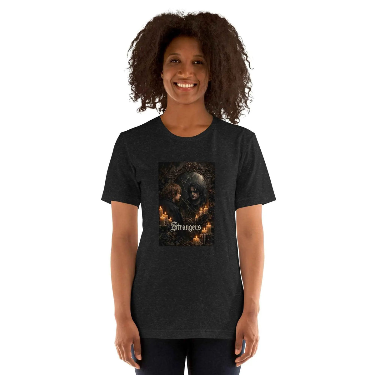 Unisex black crew neck T-shirt with front gothic graphic print