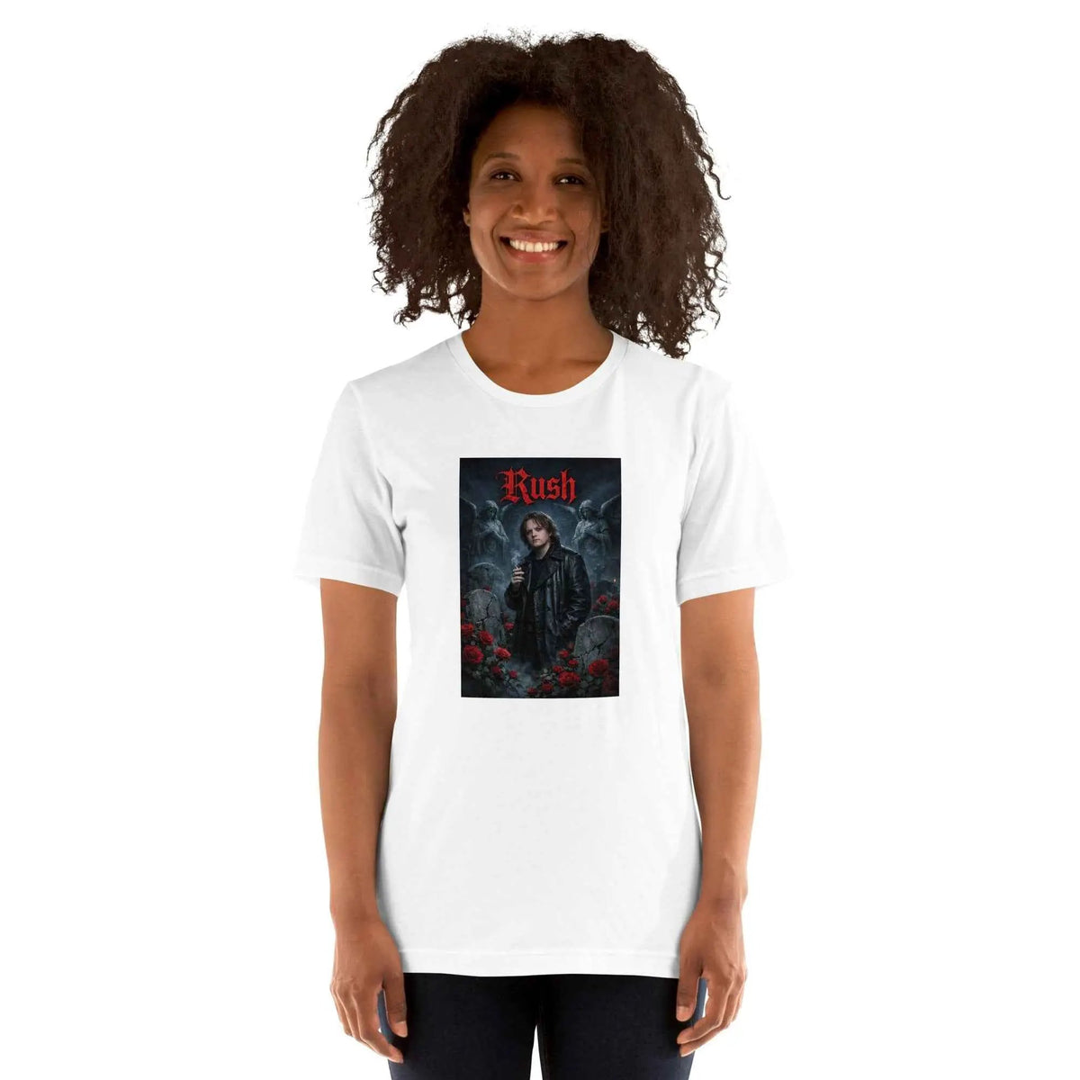 White crew-neck graphic T-shirt with chest square artwork