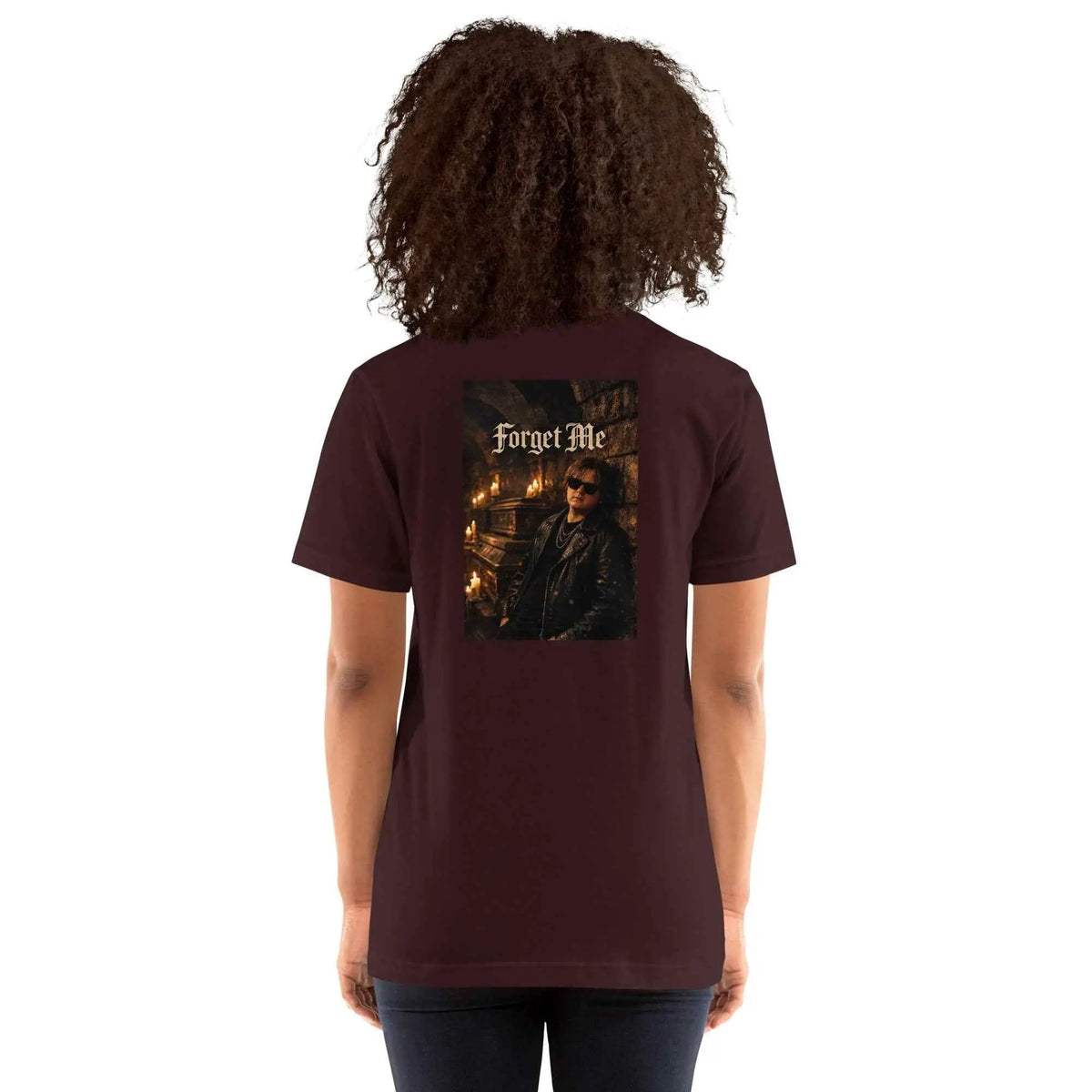 Unisex burgundy graphic T-shirt with back 'Forget Me' photo print