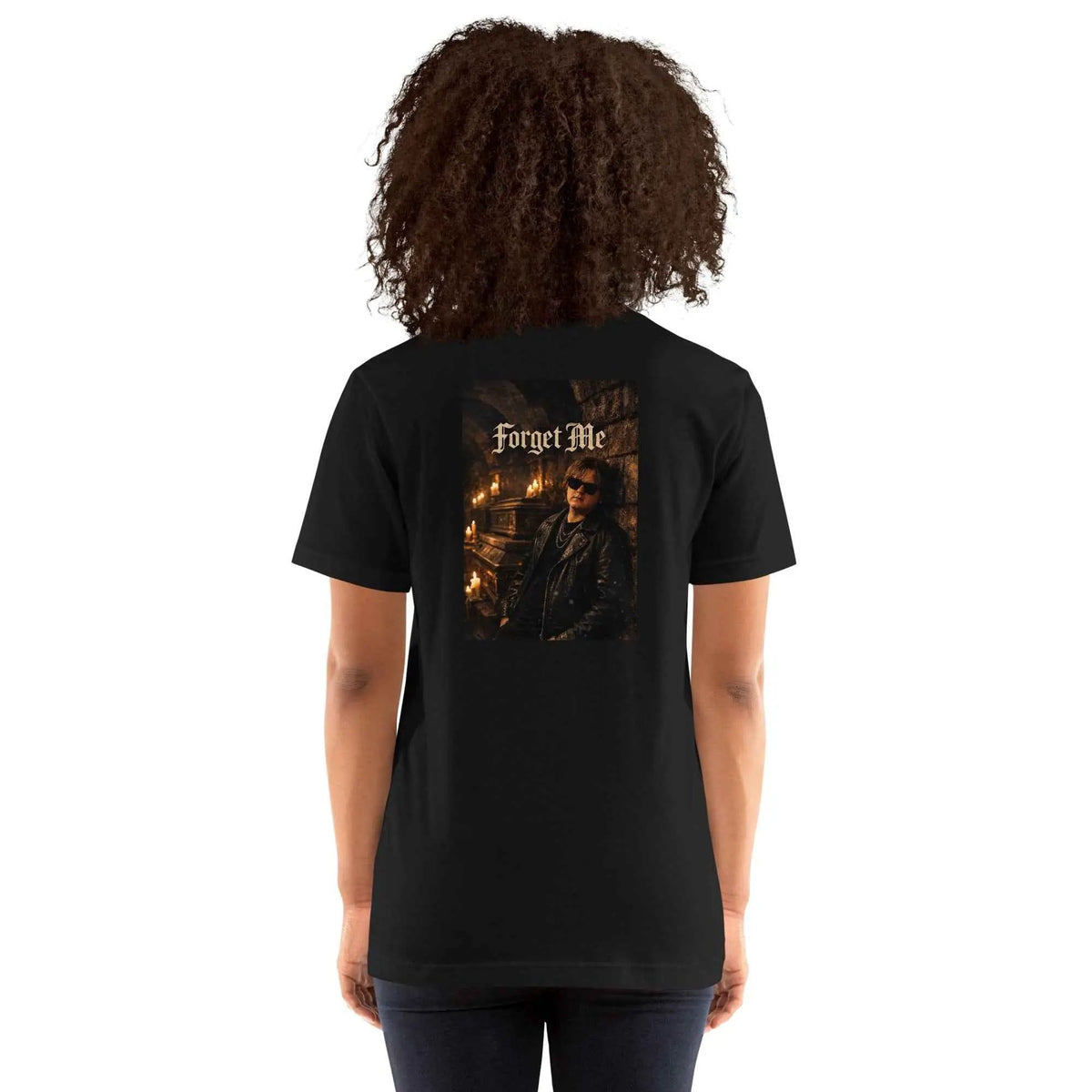 Unisex black graphic T-shirt with back 'Forget Me' photo artwork