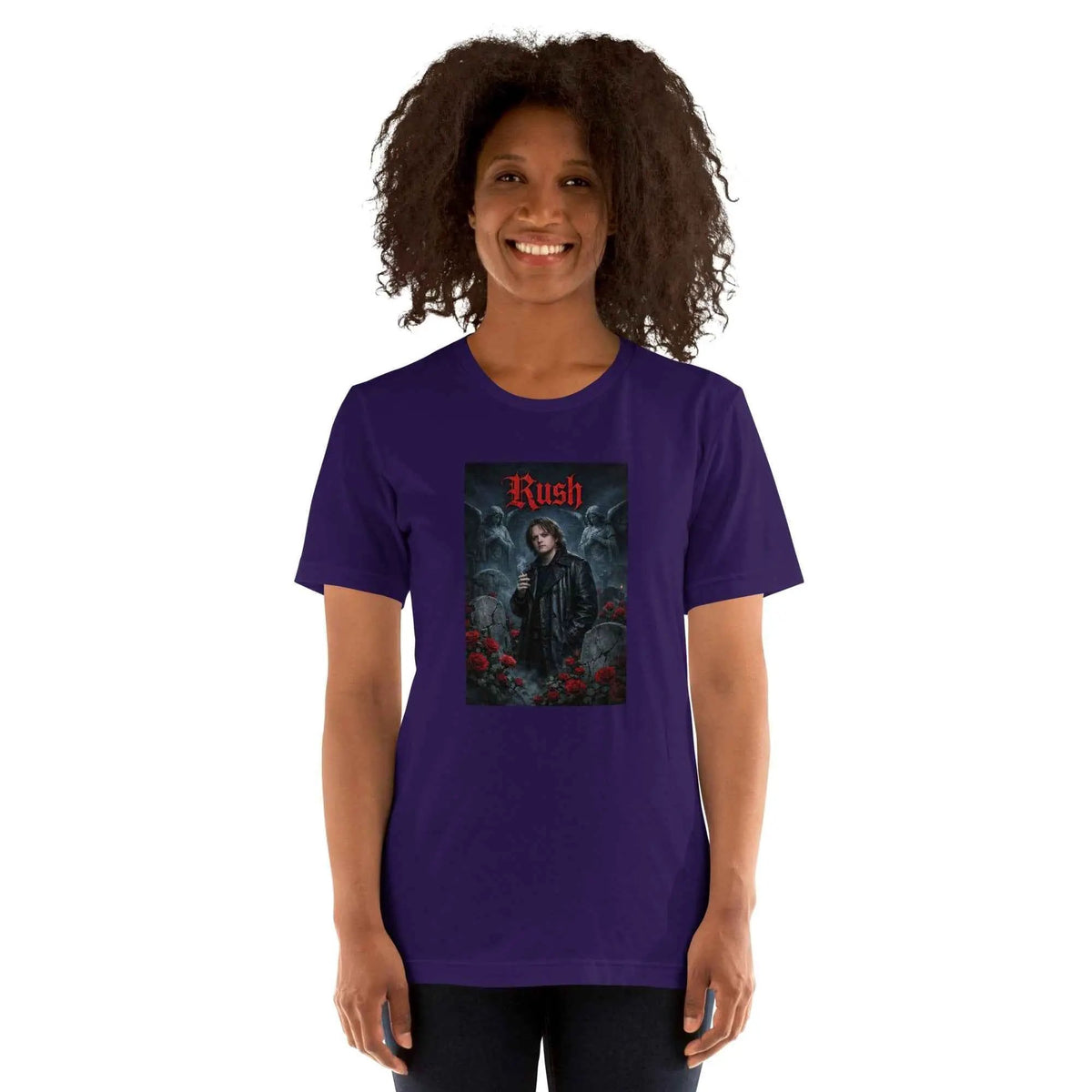 Team purple crew neck graphic T-shirt with front "Rush" character and red text.