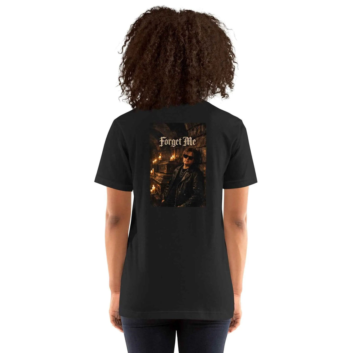 Unisex black crewneck T-shirt with centered back 'Forget Me' graphic