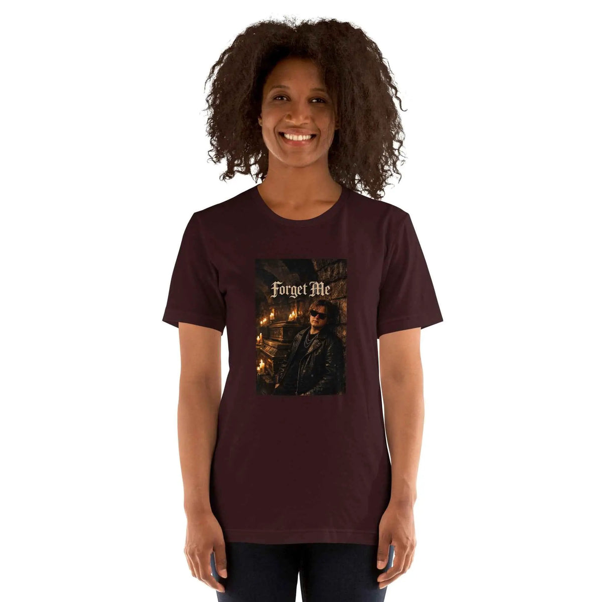 Unisex burgundy graphic T-shirt with front 'Forget Me' photo print