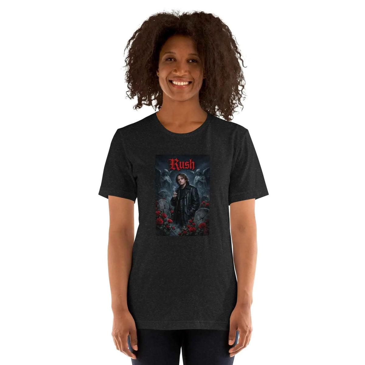 Black crew neck graphic T-shirt with red "Rush" logo on the front.