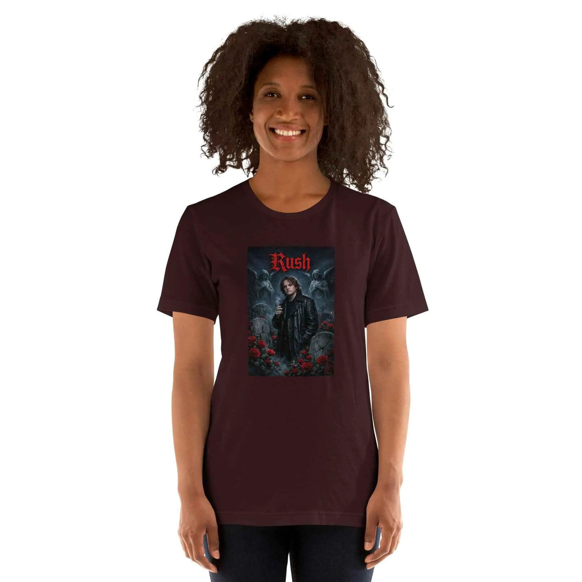 Oxblood crew neck graphic T-shirt with red "Rush" logo on the front.
