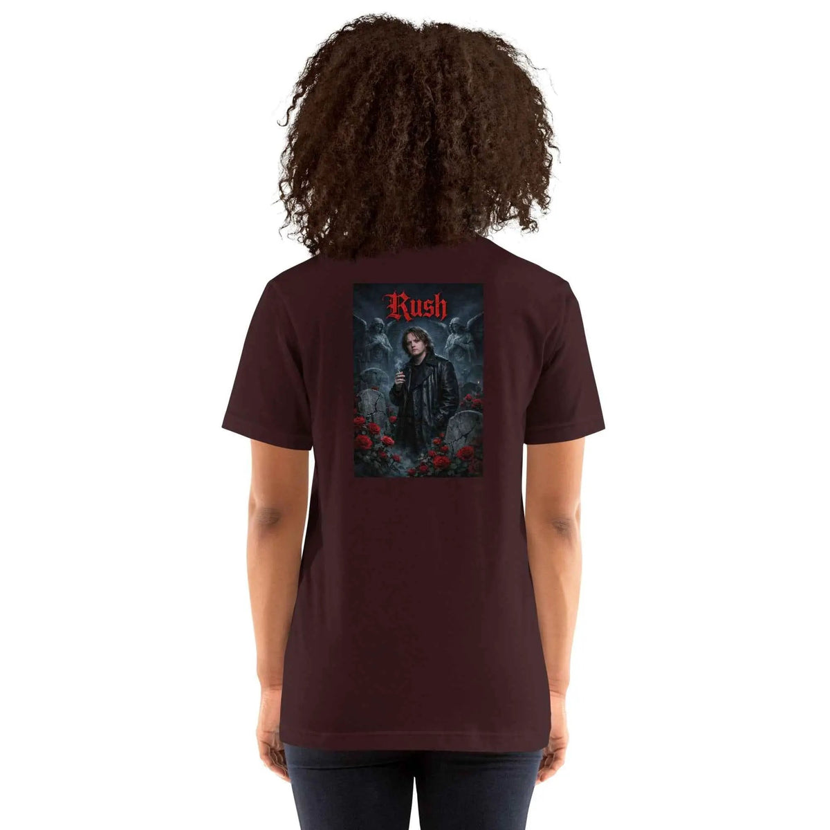 Oxblood crew neck graphic T-shirt with "Rush" logo on the back.