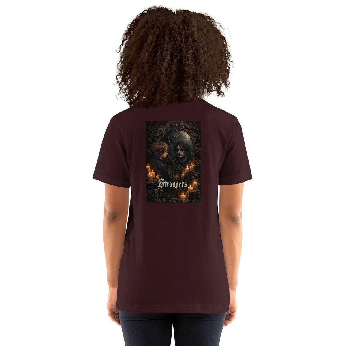 Unisex maroon crew neck T-shirt with back gothic graphic print
