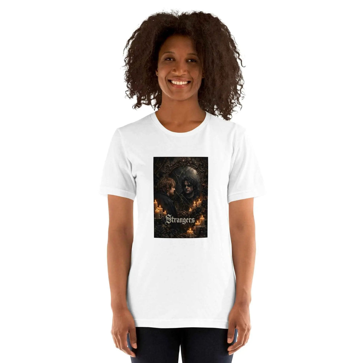 White unisex crew neck T-shirt with front square gothic graphic artwork