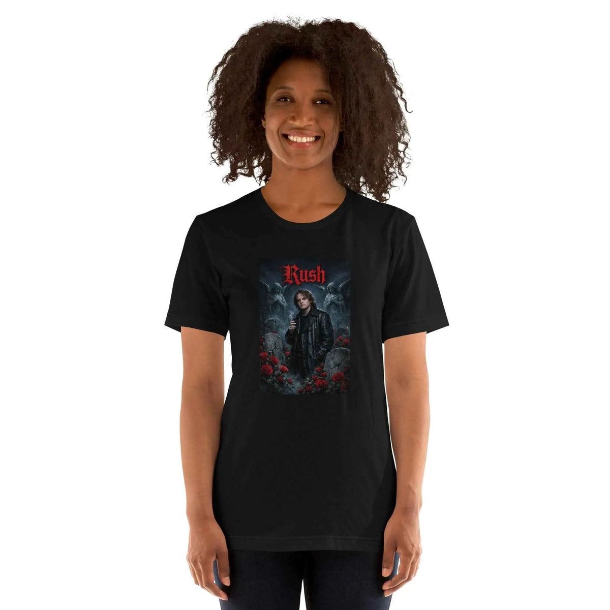 Black crew neck graphic T-shirt with red "Rush" artwork panel at front.