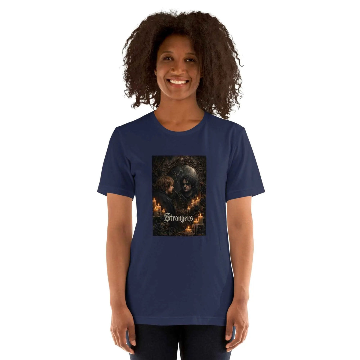 Blue unisex crew neck T-shirt with square gothic graphic print on the front