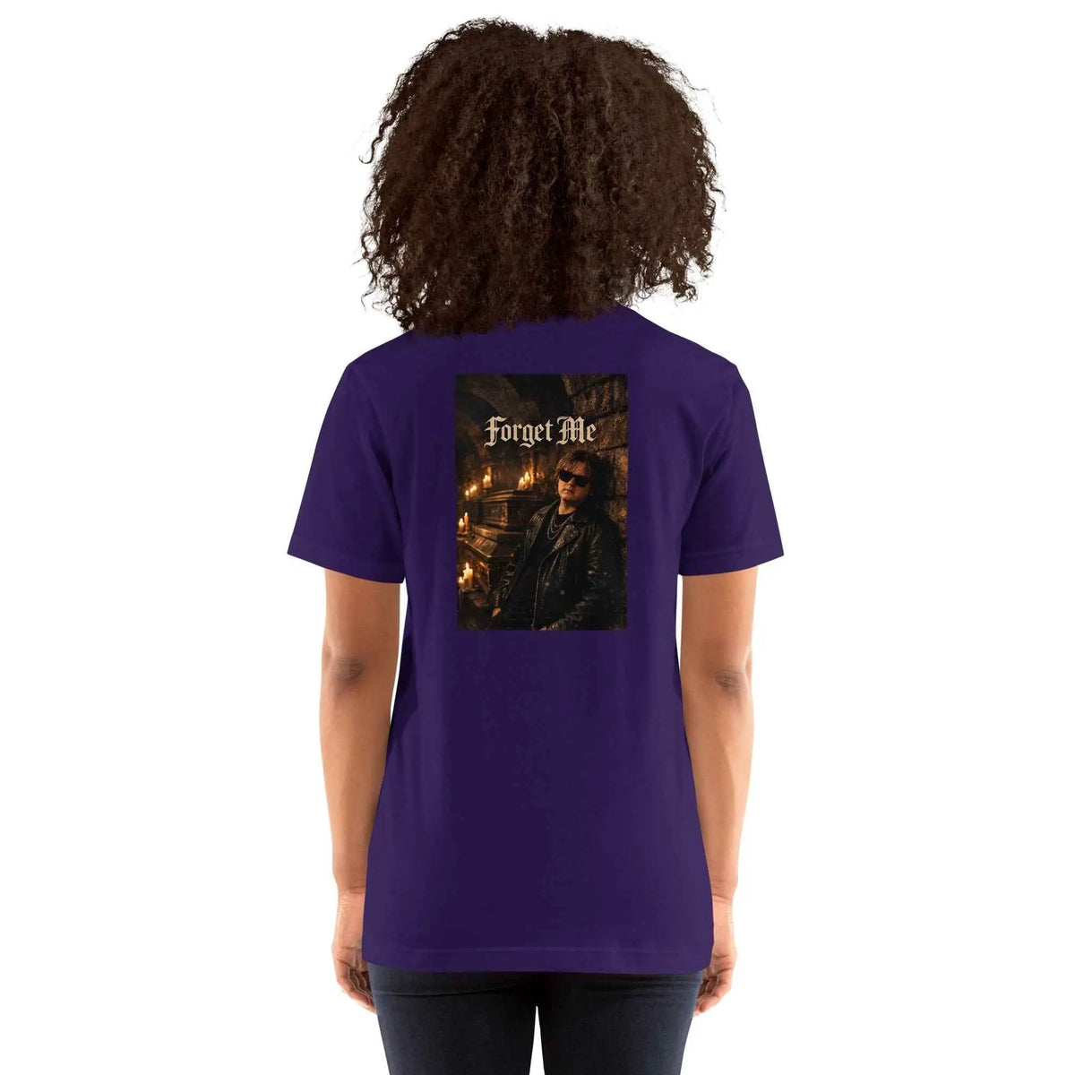 Unisex purple graphic T-shirt with back 'Forget Me' photo print