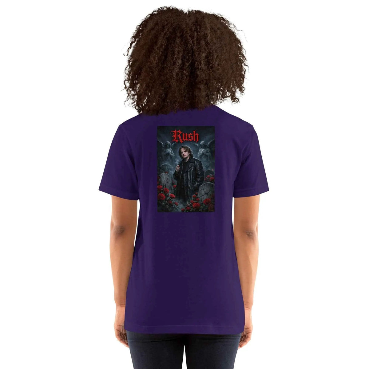 Team purple crew neck graphic T-shirt showing the "Rush" logo on the back.