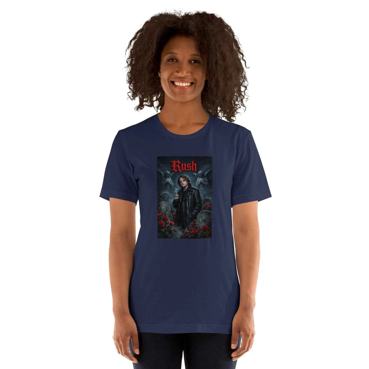 Navy crew-neck graphic T-shirt with front square artwork