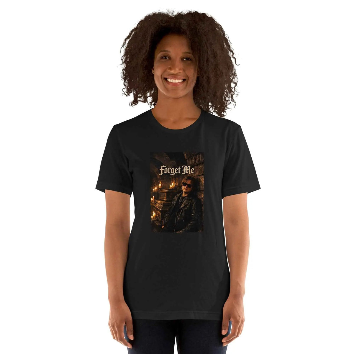 Unisex black crewneck T-shirt featuring centered 'Forget Me' graphic