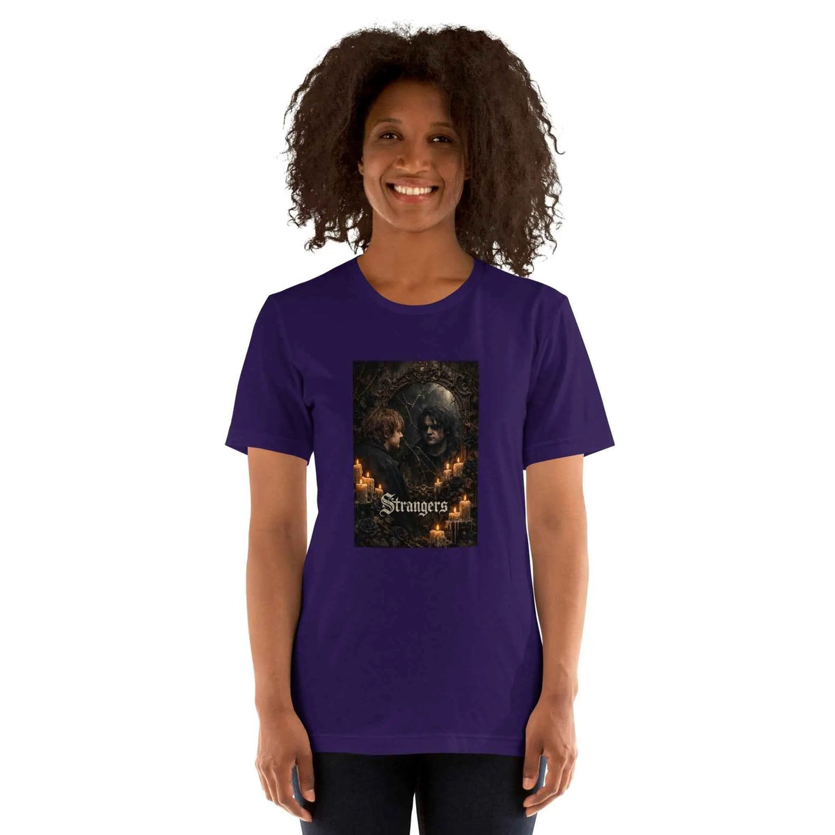 Unisex purple crew neck T-shirt with front gothic graphic print