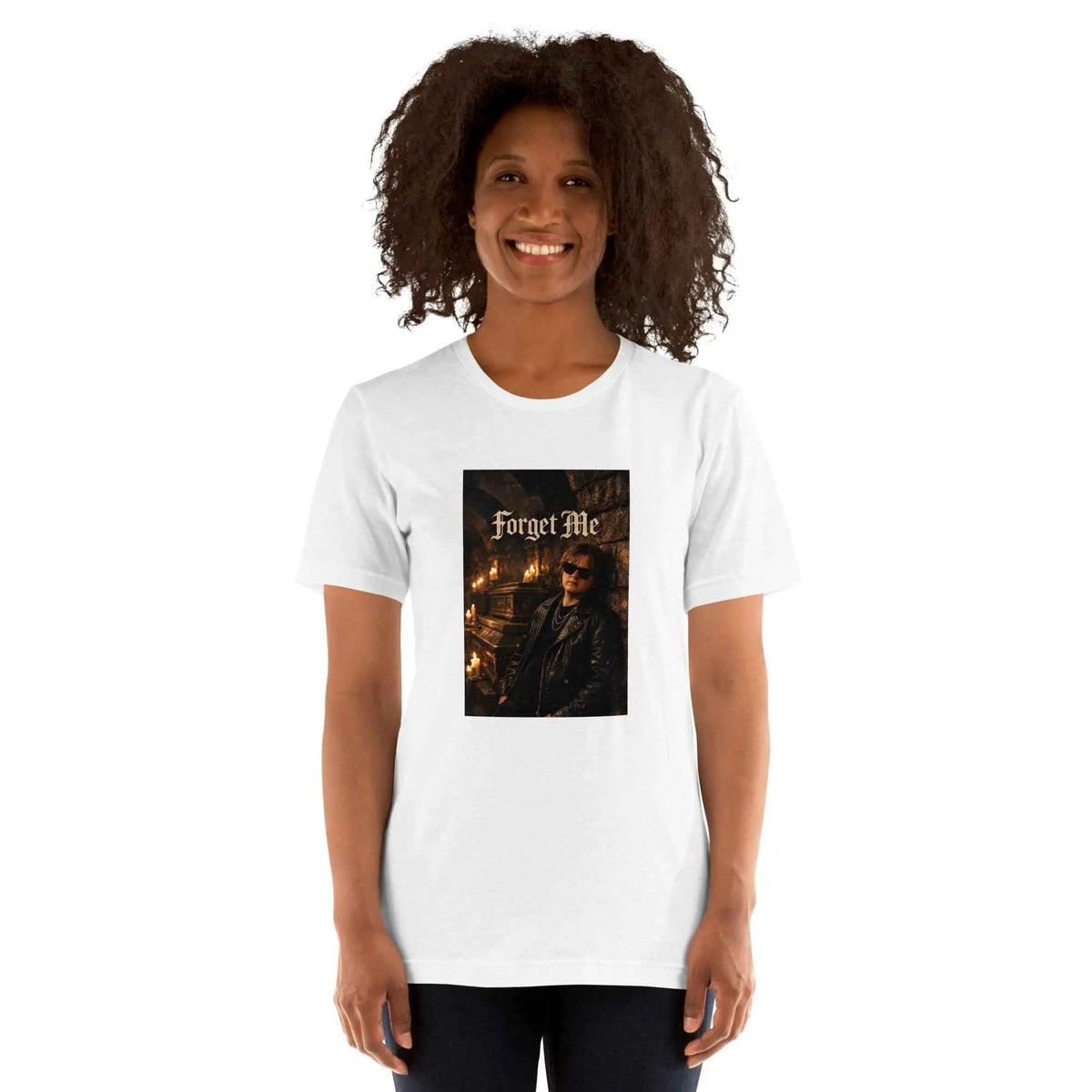 Unisex white t-shirt with centered square gothic graphic on the front