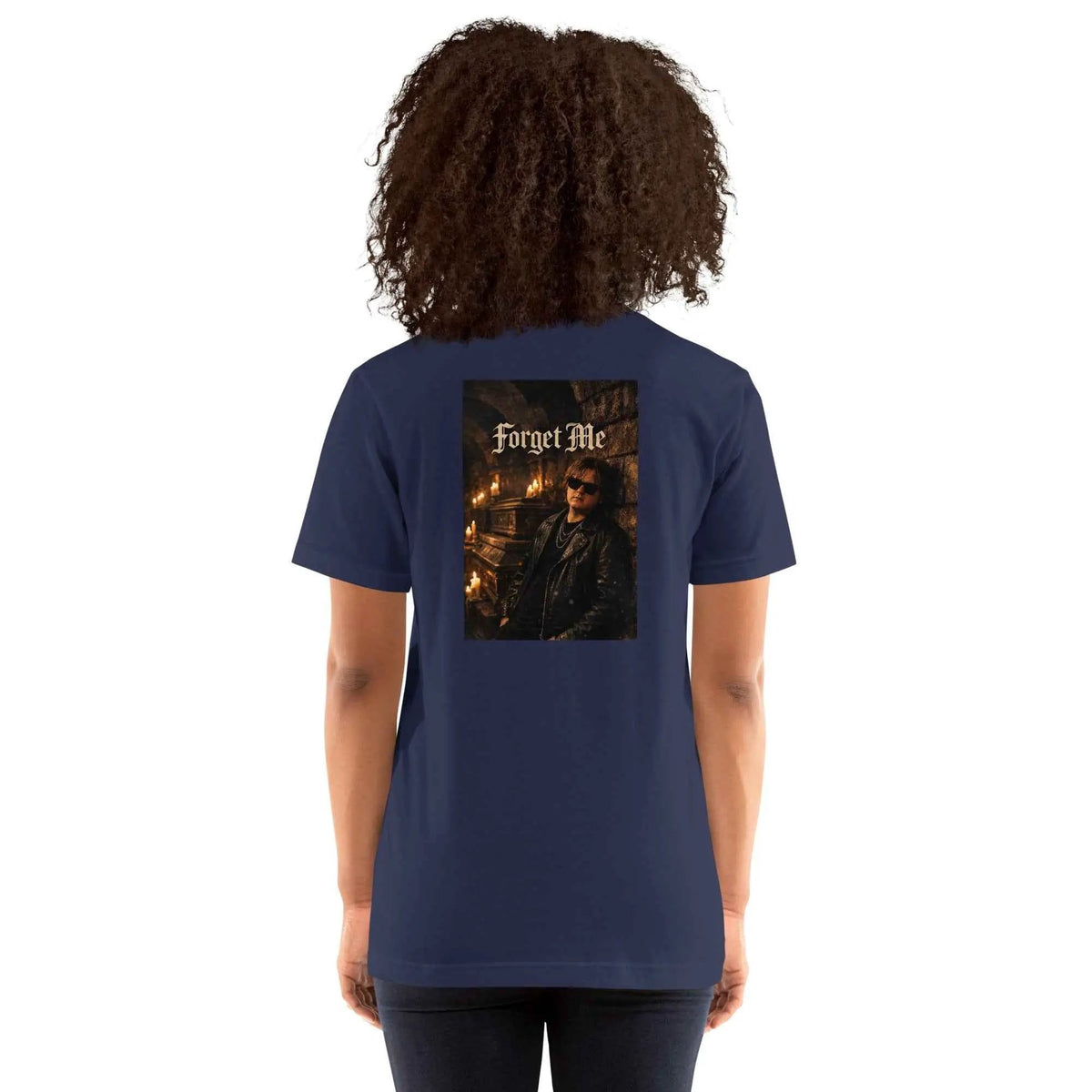 Unisex navy t-shirt with centered square gothic graphic on the back