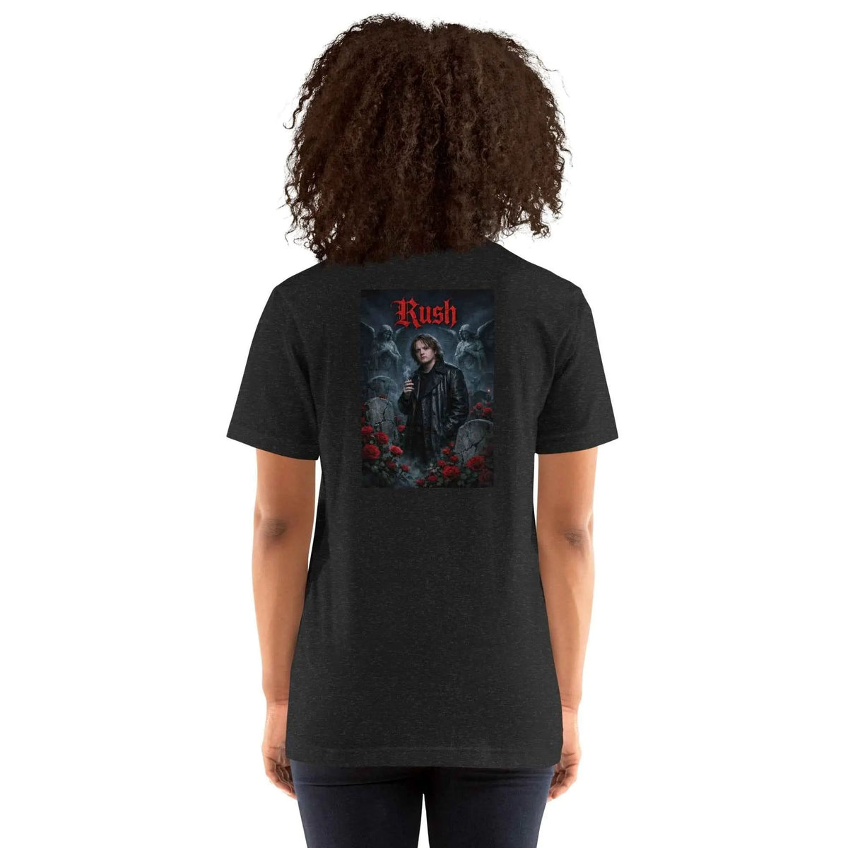 Black crew neck graphic T-shirt with "Rush" logo on the back.