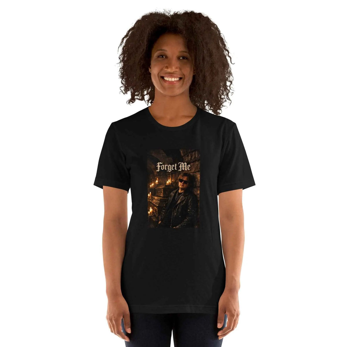 Unisex black graphic T-shirt with front 'Forget Me' gothic-style print
