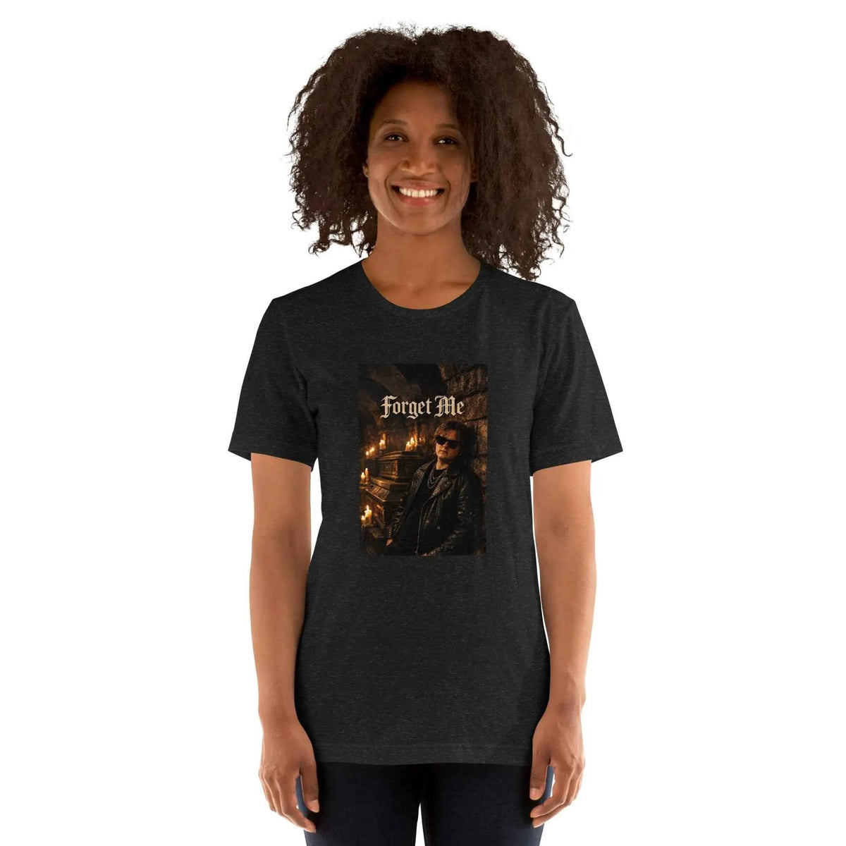 Unisex black graphic T-shirt with front 'Forget Me' photo print
