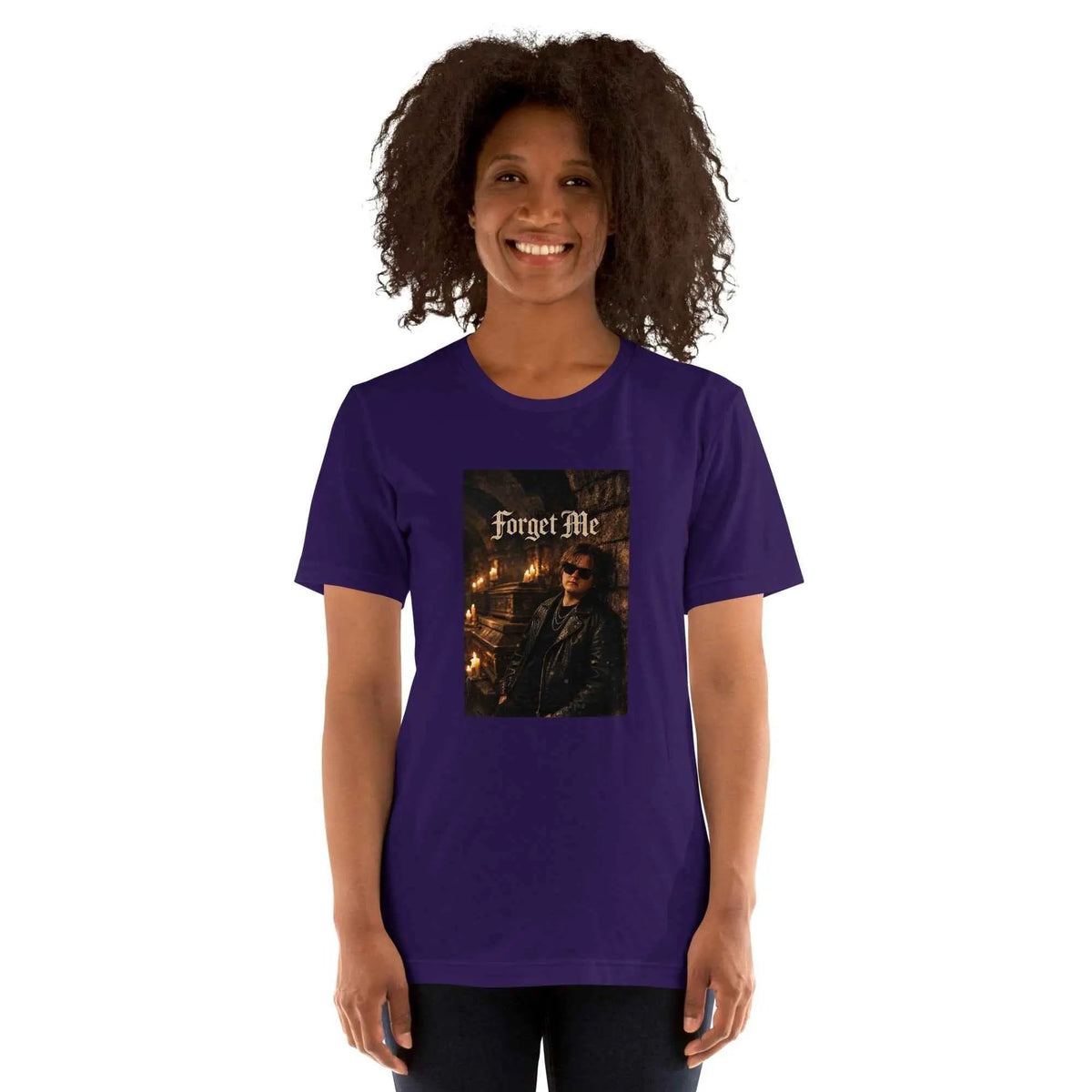 Unisex purple graphic T-shirt with front 'Forget Me' photo print