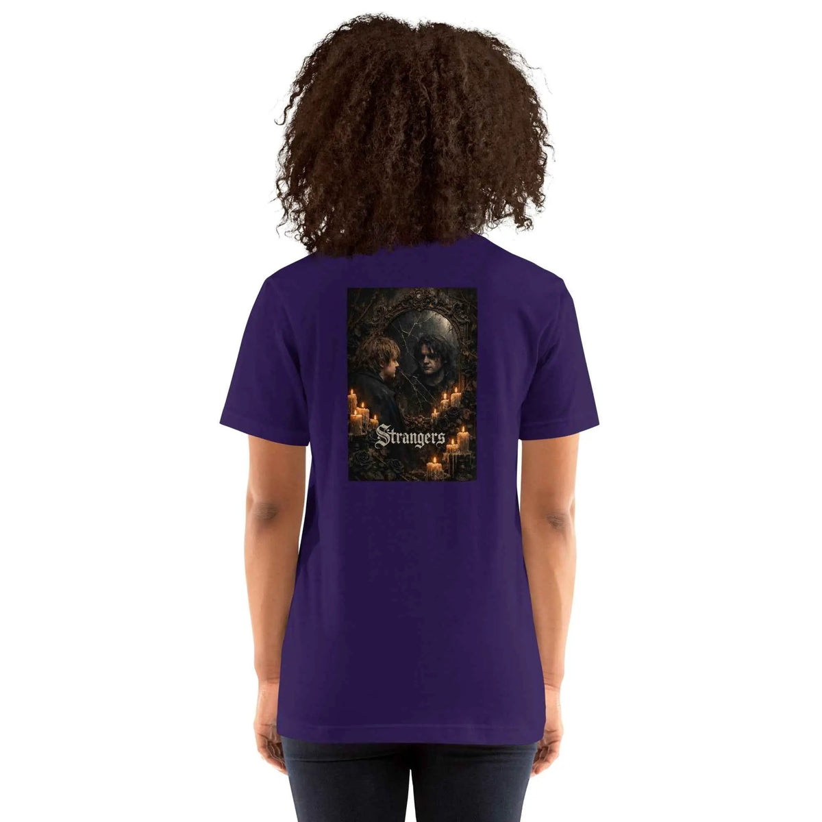 Unisex purple crew neck T-shirt with back gothic graphic print
