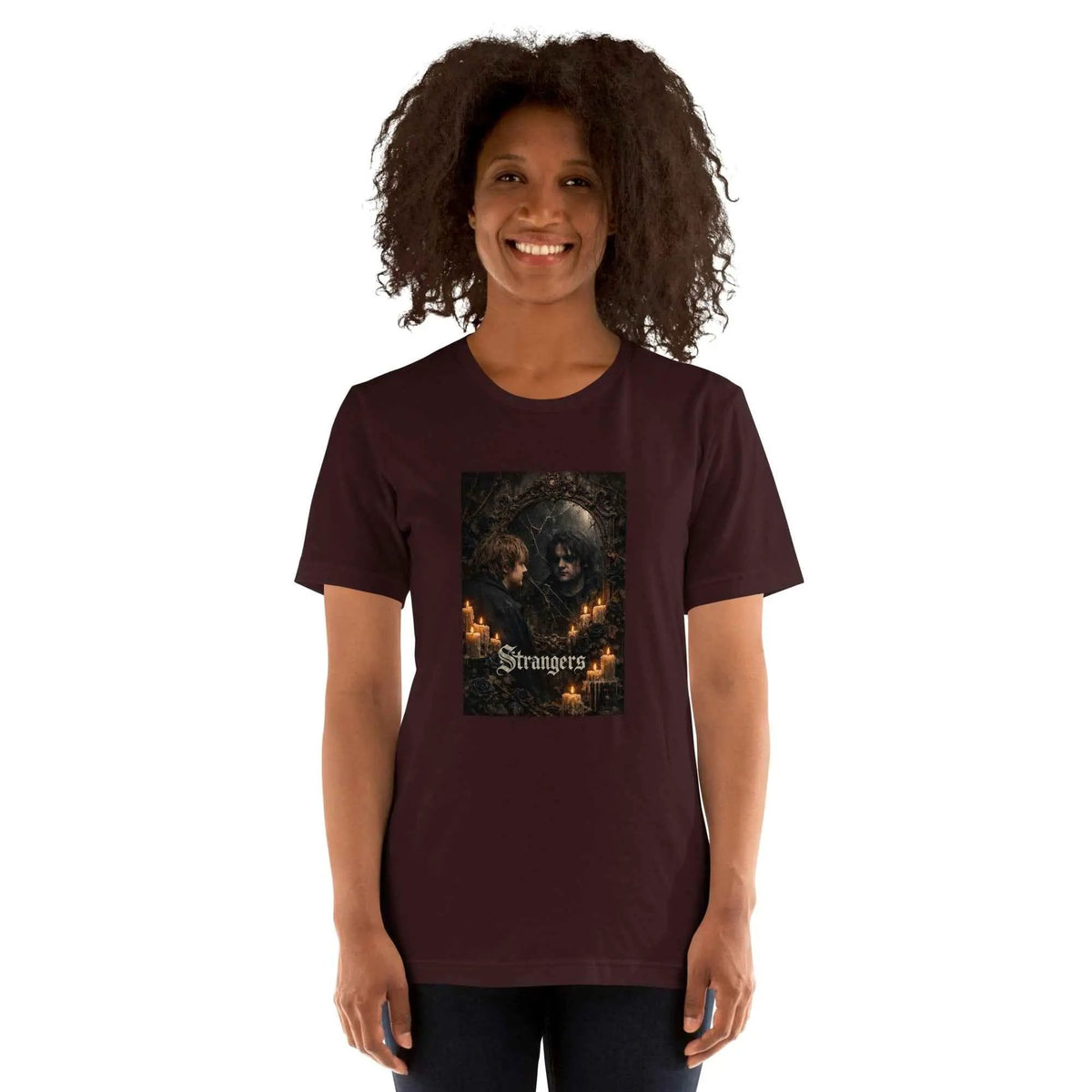 Unisex maroon crew neck T-shirt with front gothic graphic print