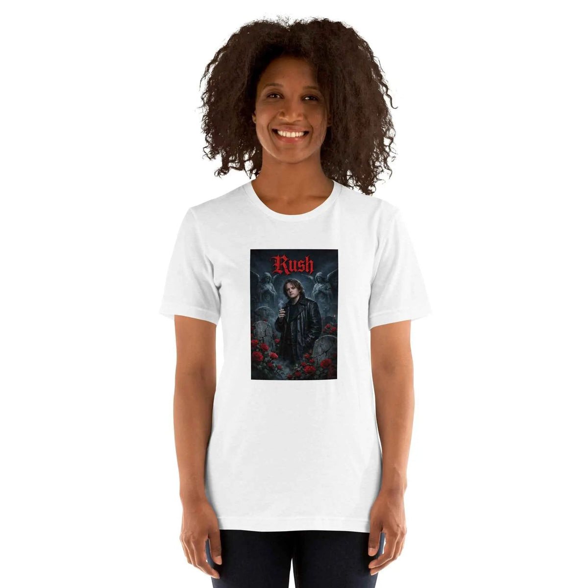 White crew-neck graphic T-shirt with front square artwork