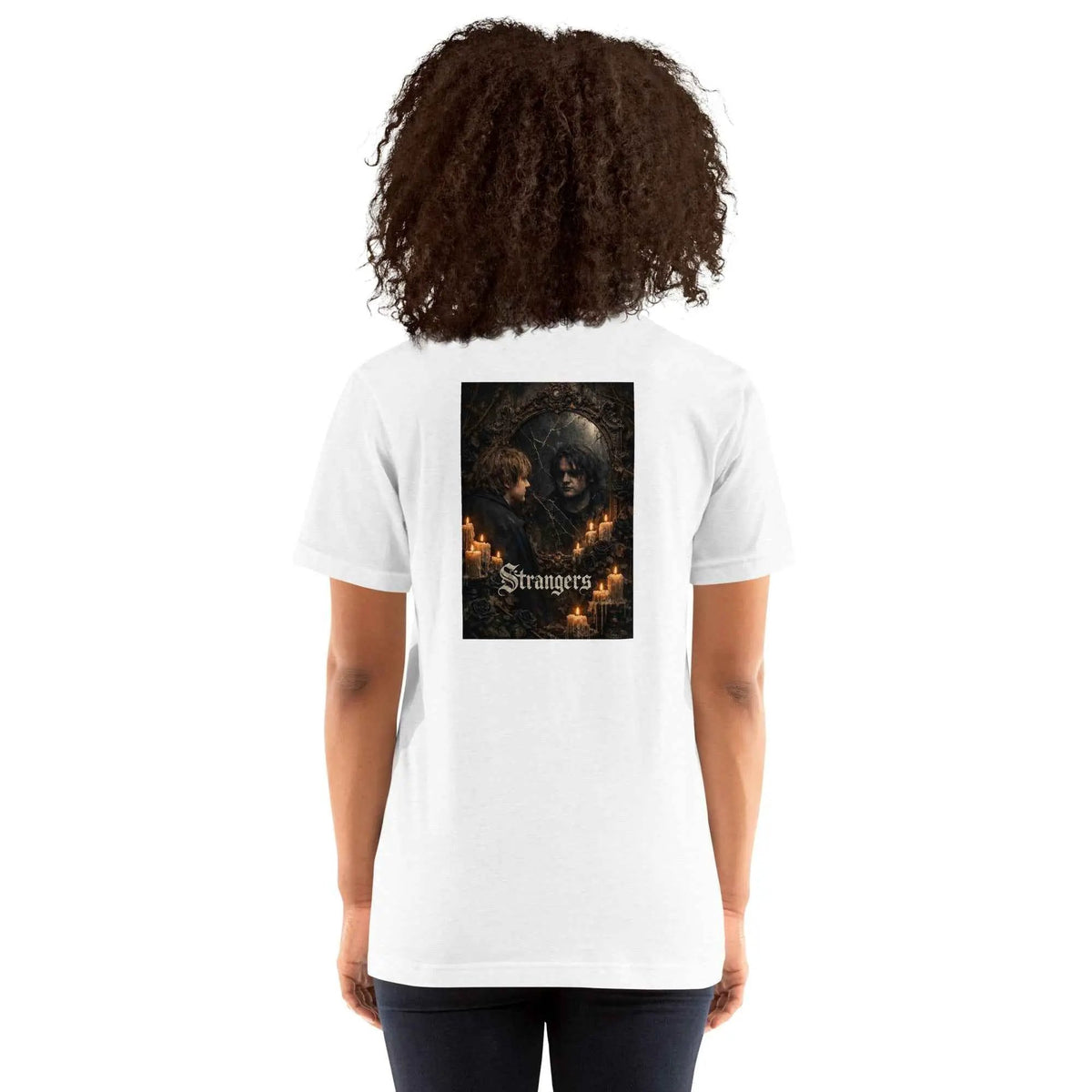 White unisex crew neck T-shirt with square gothic graphic print on the back