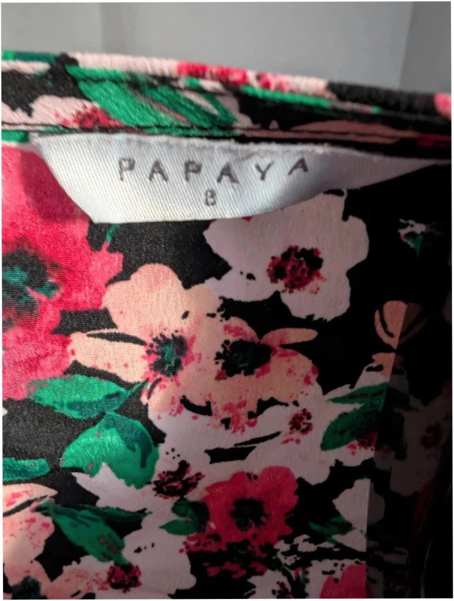 Papaya multi floral mini dress with ruffle shoulders, tiered hem, and keyhole back.