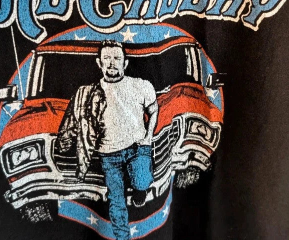 Scotty McCreery black graphic tee with retro truck artwork and tour dates on back.