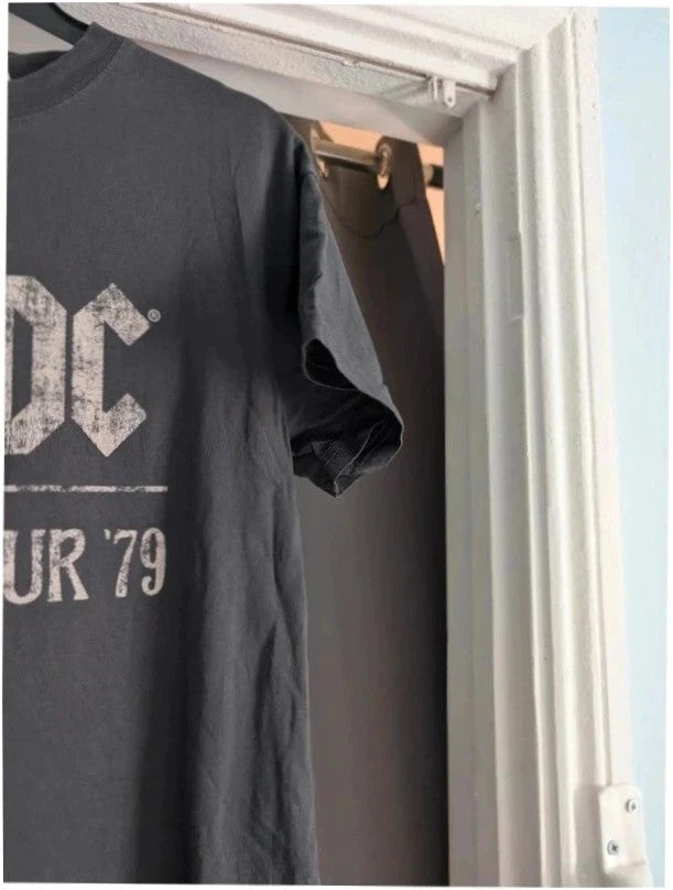 AC/DC graphic tee grey with distressed lightning bolt print on soft cotton blend fabric.