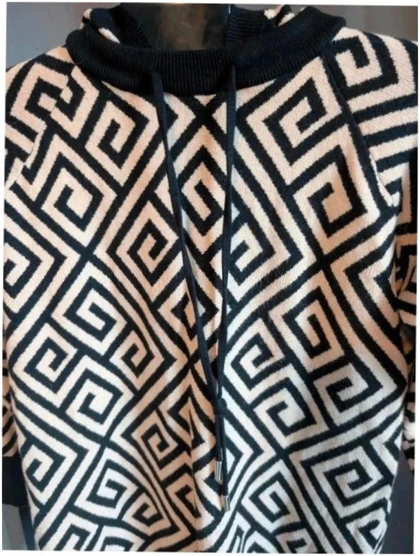 Moewy black cream geometric knit hooded jumper dress with drawstring hood and ribbed cuffs.