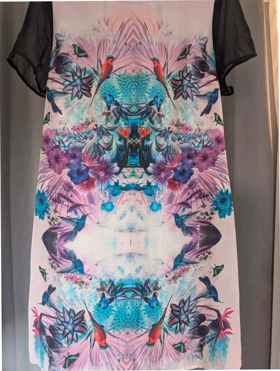 Miss Selfridge multi tropical bird print maxi dress with sheer black sleeves and pink zip.