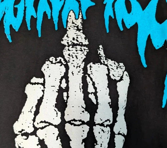 Blink 182 black graphic tee with blue skeleton middle finger design and crew neck.