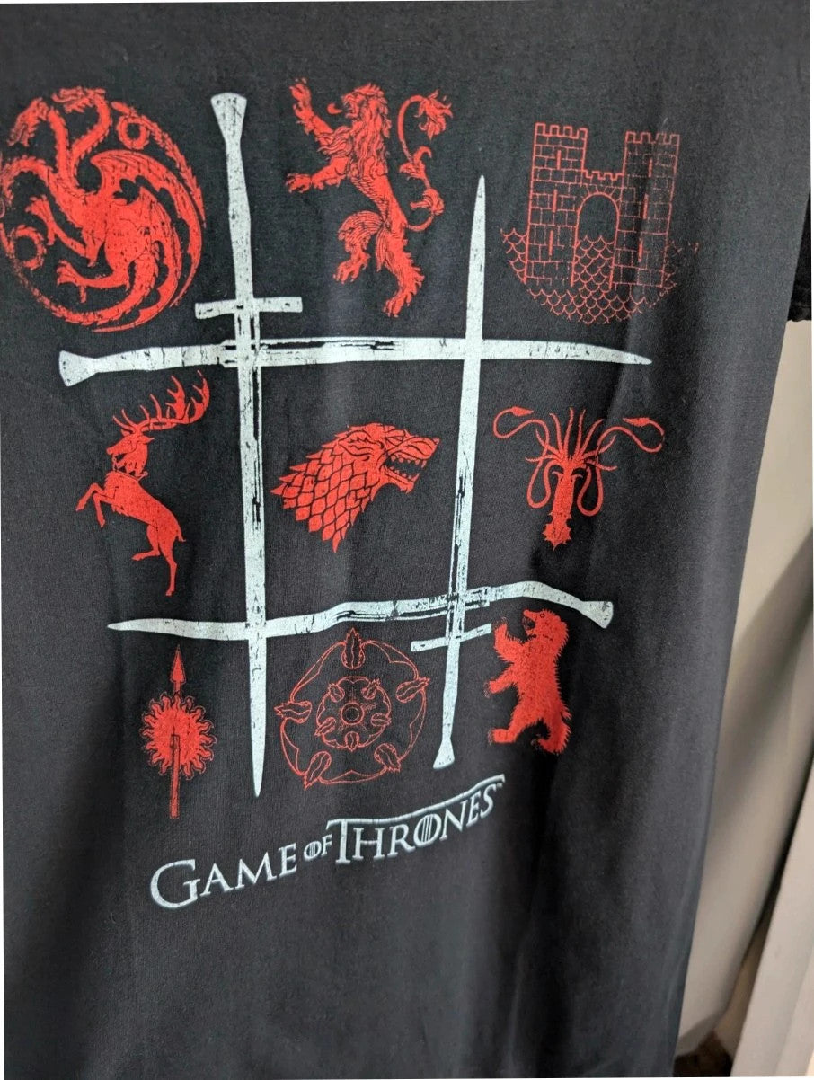 Game Of Thrones graphic tee black with red house sigils and crossing swords print.