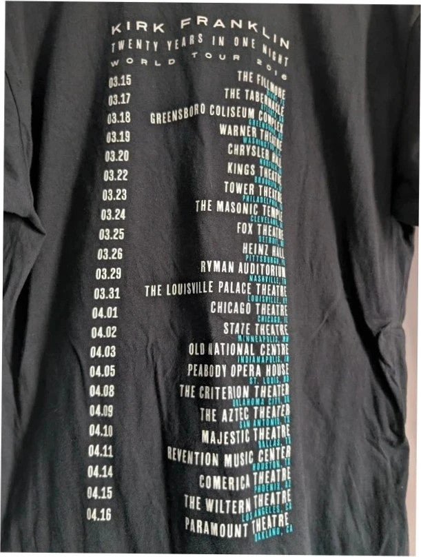 Gildan black graphic tee featuring colorful Kirk Franklin photo and tour date list.