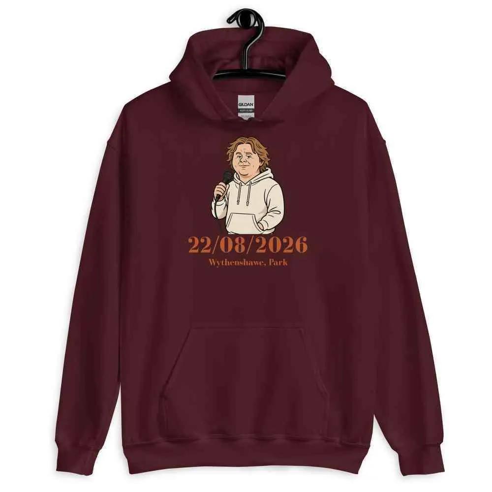 Unisex graphic tour hoodie, maroon with front portrait and date 22/08/2026