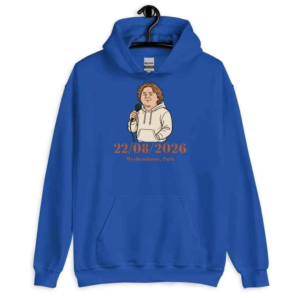 Royal blue unisex graphic tour hoodie with hood, pocket, and front date-and-portrait print