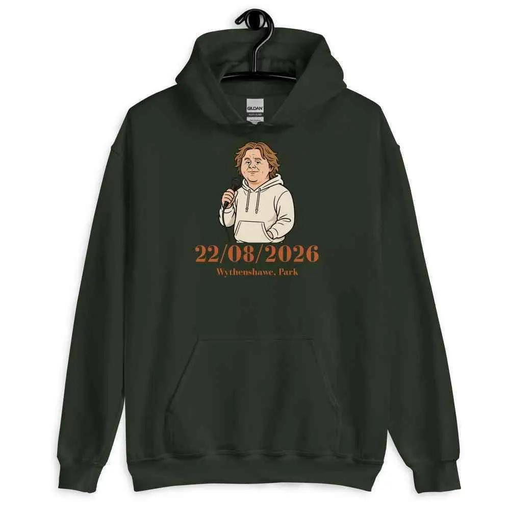 Unisex graphic tour hoodie, forest green with front portrait and date 22/08/2026