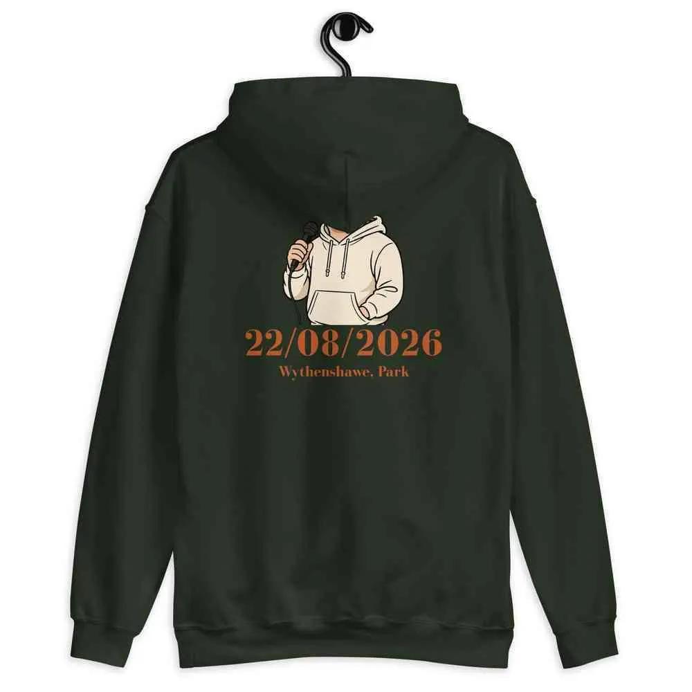 Unisex graphic tour hoodie, forest green with back portrait graphic and date 22/08/2026